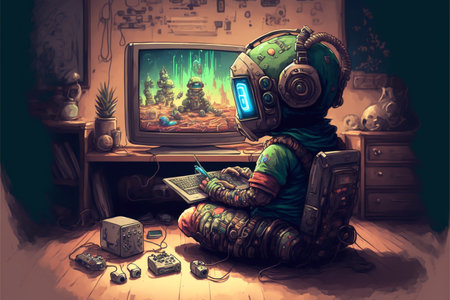 Robot playing video game at home. Fantasy illustration. Digital painting.の素材