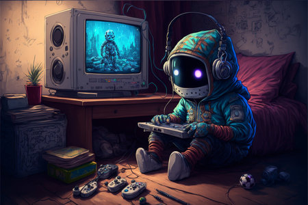 Child playing video games at home. Retro style. 3D renderingの素材