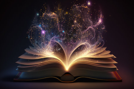 Open book with magic light and firework. 3D illustration.の素材