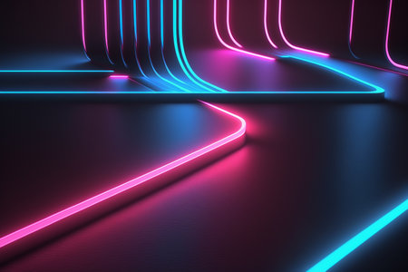 Neon glowing lines in dark room, 3d rendering abstract backgroundの素材