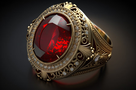 Jewelry ring with red sapphire. 3d illustrationの素材