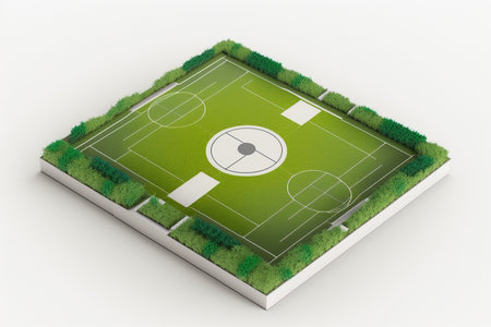 3d illustration of football field with grass and soccer ball in white backgroundの素材