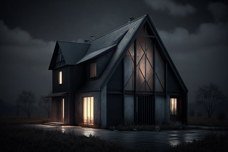 Old wooden house in the forest at night. 3D rendering.の素材