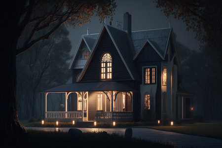 3D rendering of a beautiful wooden house in the forest at nightの素材