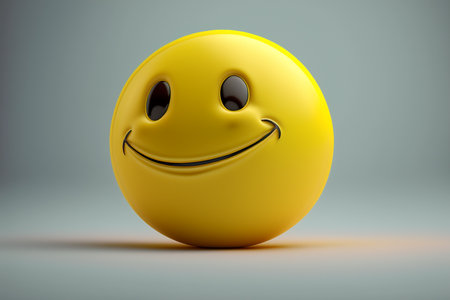 Smiling yellow emoticon on grey background. 3d illustration.の素材