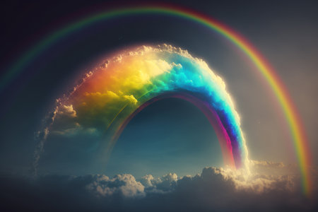 Rainbow in the sky with clouds and rainbow. 3d illustrationの素材