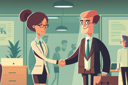 Businesspeople shaking hands in office, cartoon vector illustration. Business people greeting each other with handshake.の素材