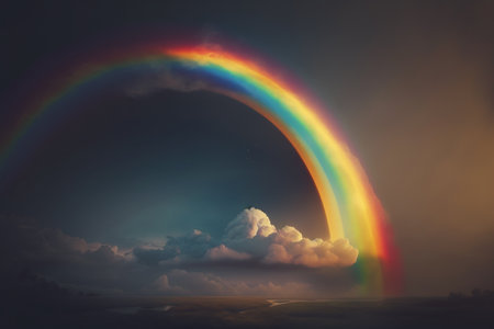 Rainbow over the sea at night with clouds and sky background.の素材