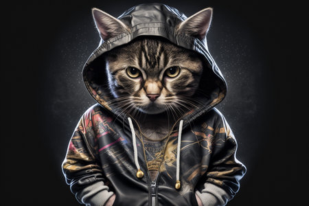 Portrait of a cat in a hooded jacket on a dark backgroundの素材
