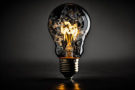 Burning incandescent light bulb on dark background with copy spaceの素材