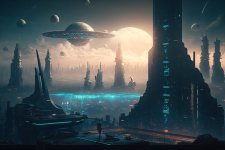 Futuristic city in space. Futuristic city concept. 3D Renderingの素材