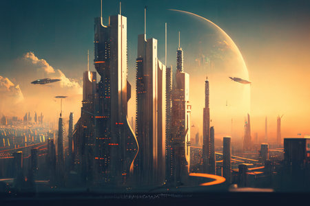 Futuristic city with skyscrapers and high-rise buildingsの素材