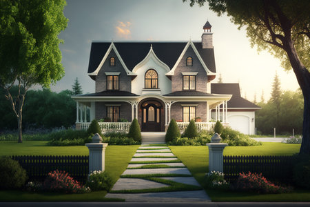 3d rendering of a beautiful classic house in the garden at sunsetの素材