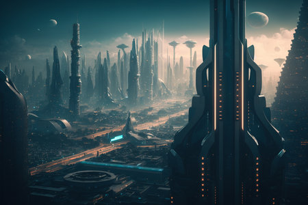 Futuristic city with skyscrapers and high-rise buildingsの素材