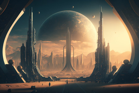 Futuristic city in the form of a planet. 3d renderingの素材