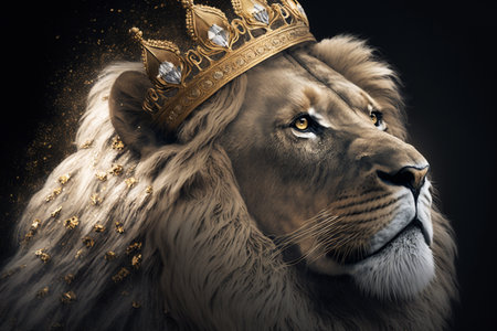 Lion king with golden crown on his head. 3D renderingの素材