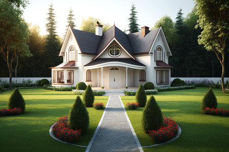 House in the garden. 3D rendering. High resolution image.の素材