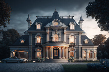 Luxury mansion in the park at sunset, retro tonedの素材