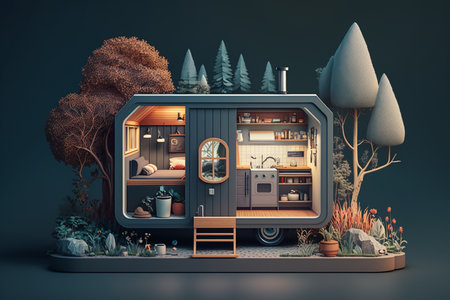 3d rendering of a camping trailer in the forest. 3d illustration.の素材