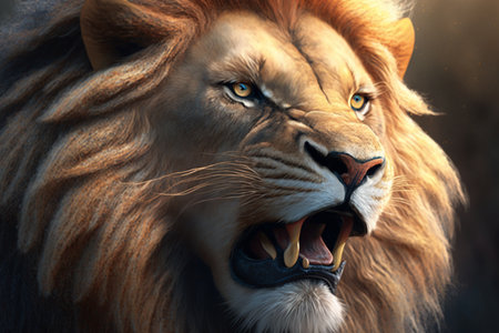 Portrait of a big male lion with open mouth in the wildの素材