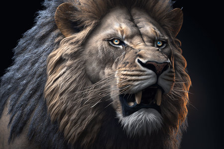 3D rendering of a big male lion isolated on a black backgroundの素材