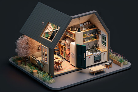 3d illustration of a house with a kitchen in the form of an islandの素材