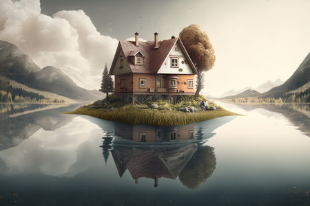 House on a lake with mountains in the background. 3d renderingの素材