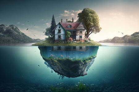 House floating in water. Mixed media. Mixed media. Mixed mediaの素材