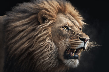Portrait of big male lion on dark background with smoke. Side view.の素材
