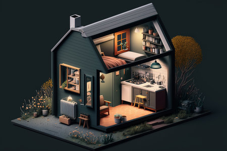 3d illustration of a small house with a garden in the backgroundの素材
