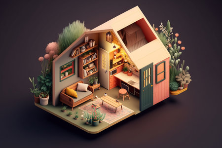3d isometric house with furniture and plants on the floor.の素材