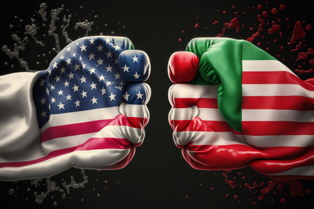 Fist with the national flag of the United States and Iran punching in the air. Political conflict concept. 3D rendering.の素材