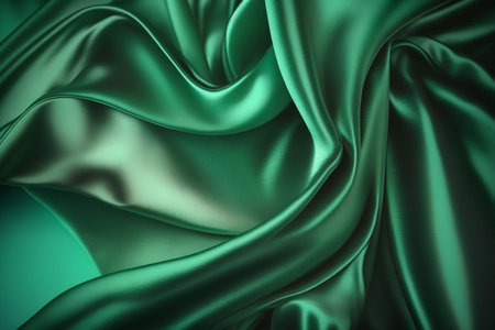 Green satin background with waves. 3d rendering, 3d illustration.の素材