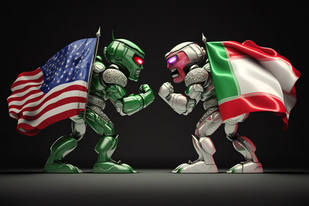 Robots with flags of the United States and Iran. 3d illustrationの素材
