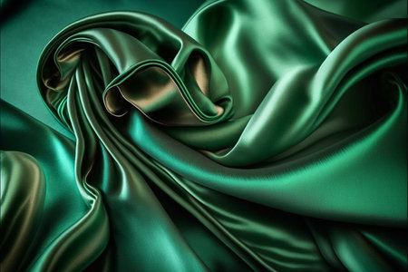Closeup of rippled green silk satin fabric as backgroundの素材