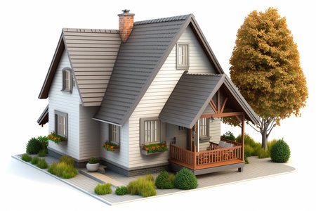3d rendering of a country house in the garden on a white backgroundの素材
