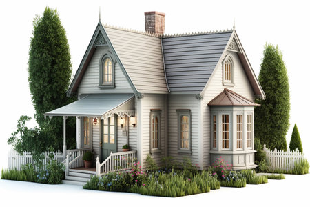 3d render of a country house with a garden on white backgroundの素材