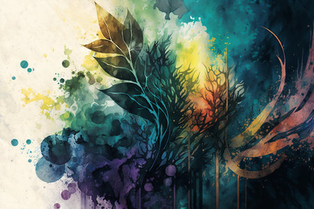 Abstract colorful watercolor background with tree in the forest. Digital art painting.の素材