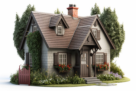 3D rendering of a private house with a garden on a white backgroundの素材