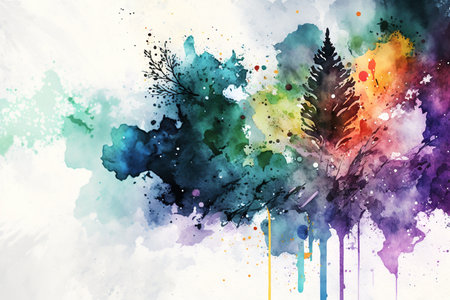 Abstract colorful tree in watercolor style on white background. Digital art painting.の素材