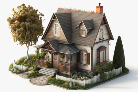 3D render of a beautiful country house with a garden and lawnの素材