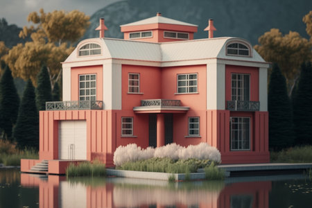3D render of a house in the middle of the lake.の素材