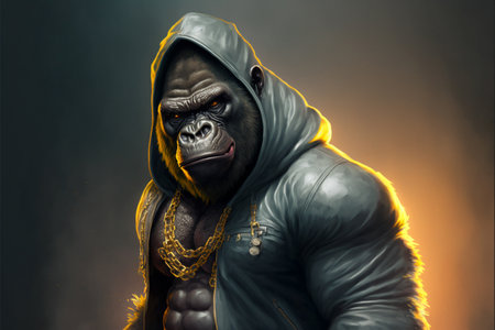 Angry gorilla in a leather jacket and helmet on a dark background.の素材