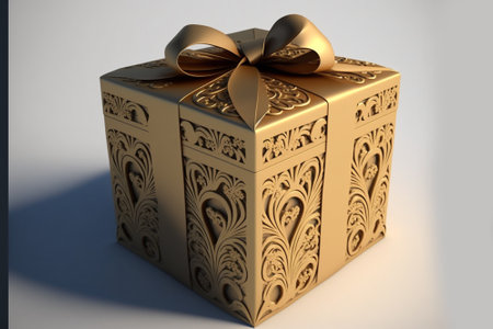 Gift box with gold bow on white background. 3d renderの素材