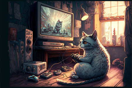 Cute cat sitting in front of the TV and playing video games.の素材