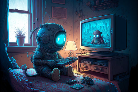 Astronaut sitting in his room and playing video games. Vector illustration.の素材