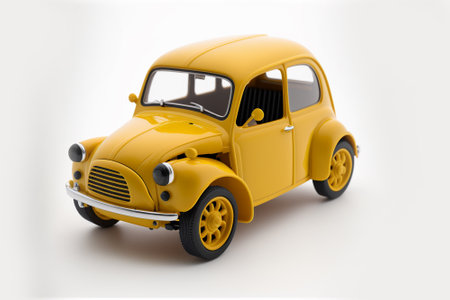 Yellow toy car on a white background. 3d rendering. Side view.の素材