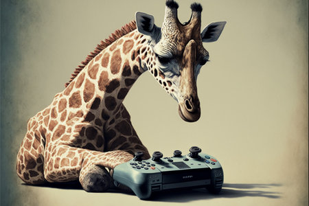 Giraffe playing video games with a gamepad on a gray backgroundの素材