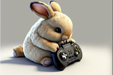 Rabbit playing video games with a joystick. 3D rendering.の素材