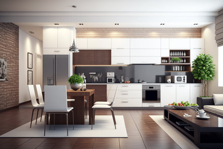 3d Illustration of white modern kitchen in a loft with a beautiful designの素材